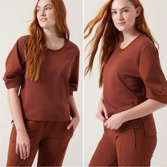 Athleta Tops - NWOT Athleta Harlow Puff Sleeve Hybrid Tee S Rust Brown